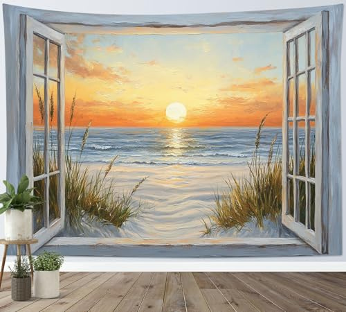 LB Tapiz de Pared Playa Costera Arte Mural Puesta de sol anaranjada Plantas verdes Paisaje tropical de verano Decoracion Pared para Dormitorios Salon,235x180cm