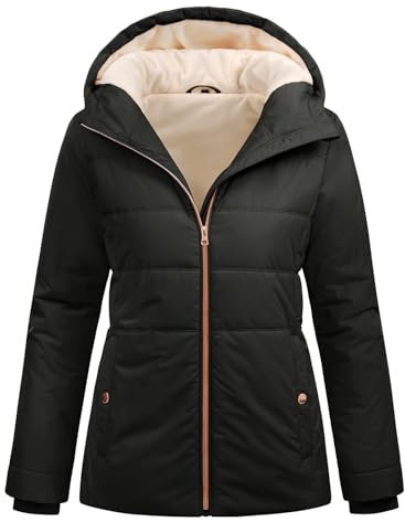 Vancavoo Winter Coats for Women Parka Jackets Hooded Fleece Lined Overcoat Ladies Waterproof Padded Coat Warm Sweatshirt Outwear with Pockets,Black,L