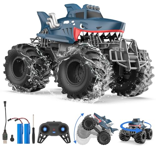 Yapasopu Télécommande Toy Car 2,4 GHz Camion de Requin 15 km/h Hobby Tout-Terrain RC RC Voir véhicule étanche avec 2 Batteries Jouet pour Enfants de 6 à 12 Ans (SUV Shark)