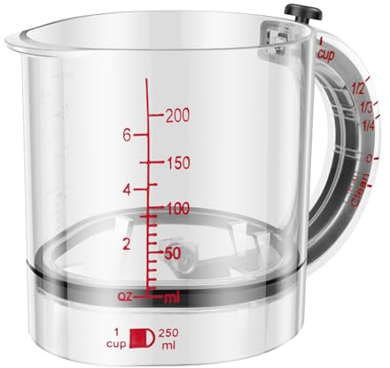 Misurino regolabile 4 in 1, 250 ml, in plastica trasparente, con base sigillata in stile raschietto, completamente staccabile, salvaspazio, facile da pulire, design per cucinare, cuocere al forno