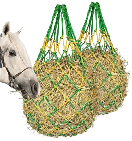 CREATCABIN 2 Filet à Foin à Alimentation Lente pour Chevaux Trous 40 Niveaux Charge Sac d'alimentation Foin Robuste Corde Nylon Vert Jaune Sac d'alimentation Suspendu pour Chèvres Vaches Ânes 101.6cm