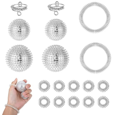 18 stycken Skills-set, Skills Borderline, 2 batteripressurringar 10 anti-stressring 4 massageboll igelkott 2 akupressurarmband; massageringar för fingrar, stressminskning vuxna, silver-kit