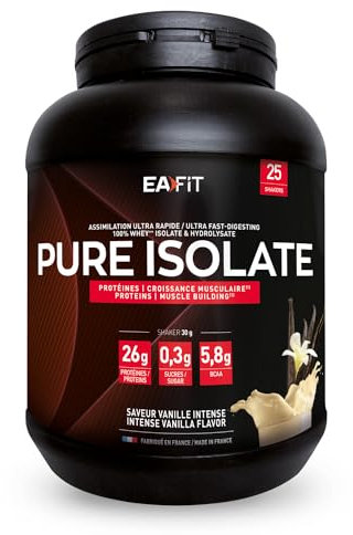 EAFIT - Pure Isolate - Whey Protein Isolate - Whey pour Prise de Masse et Musculation - 27g de Proteine, 6.5g de BCAA - Faible en sucres et matières grasses - 750 g - Vanille - Marque FR