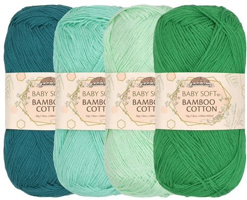 JubileeYarn Baby Soft Bamboo Cotton Yarn - 50g/Skein - Shades of Green - 4 Skeins