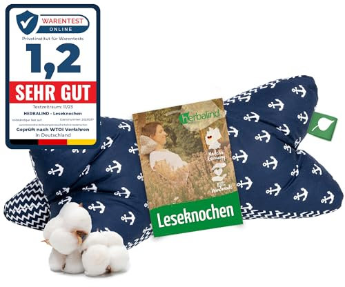 Herbalind NEU Leseknochen Lesekissen Nackenkissen als Buchstütze - 40 x 18 cm Nackenrolle Stützkissen Buchkissen Tabletkissen - 100% Baumwolle, universelles Buch Tablet Kissen - Anker