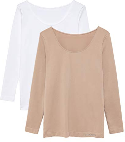 Channo T-Shirt Intérieur à Manches Longues pour Femmes Nylon sans Couture, Couleurs Unies - Lot de 2, Blanc/Vison, L/XL