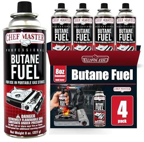 Chef Master 4x 8oz Butane Fuel Canister - Butane Refill for Kitchen Torch & Camp Stove - Gas Canister for Picnics, Outdoor Cooking, Grilling - Camping Stove, Torch Fuel Camping Essentials - 90340