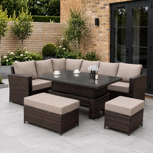 GOODS EMPORIUM 9 Seater Rattan Garden Furniture Set with Height Adjustable Rising Table - Outdoor Furniture Rattan Corner Sofa - FREE COVER INCLUDED (Dark Brown Mixed with Dark Brown Cushions)