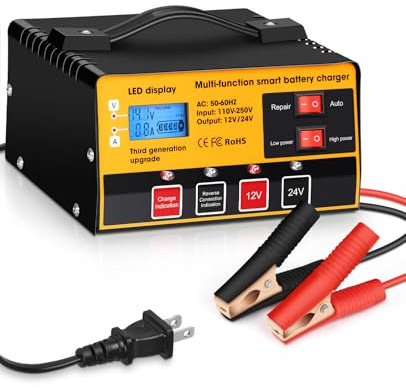 Outerman Car Battery Charger,12AMP-12V/24V-8.5AMP Smart Automatic Battery Charger,High/Low Power Trickle Charger Battery Maintainer,for Car Motorcycle Lawn Mower Marine