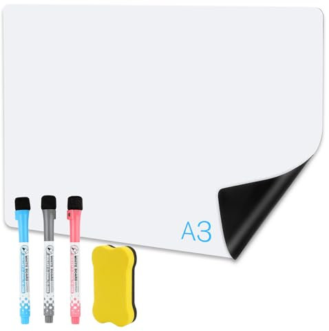 A3 Whiteboard Folie Magnetisch, Magnettafel Selbstklebend, Abwischbare DIY Magnetisches Whiteboard, mit Whiteboardstift, Schwamm, für Kindermalerei, Schulen, Büros und Familien (29,6x42cm)