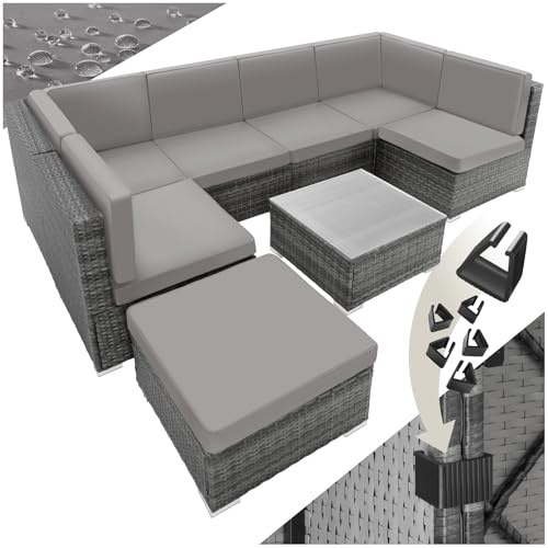tectake Salon de Jardin en Rotin Salon de Jardin Modulable Confortable, Lounge en rotin, Meubles de Jardin, Canapé Ensemble: 6 Fauteuil 1 Tabouret Pouf 1 Table - Gris