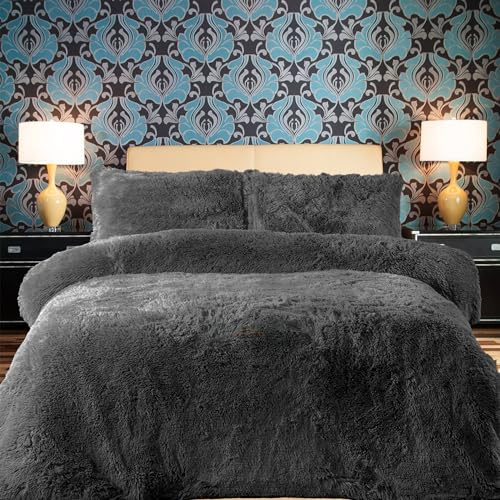 PARADISE STAR Set di biancheria da letto con copripiumino e federa coordinata in pile effetto peluche, soffice, termico, caldo e accogliente, colore carbone, per letto singolo, circa 135 x 200 cm