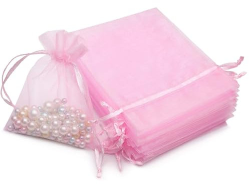 dogmoon Sacchetti in organza con coulisse, 50 pezzi, 15 × 20 cm, regalo per matrimonio, in organza, regalo per gioielli, sacchetto per gioielli in organza, per matrimonio, festa (rosa)