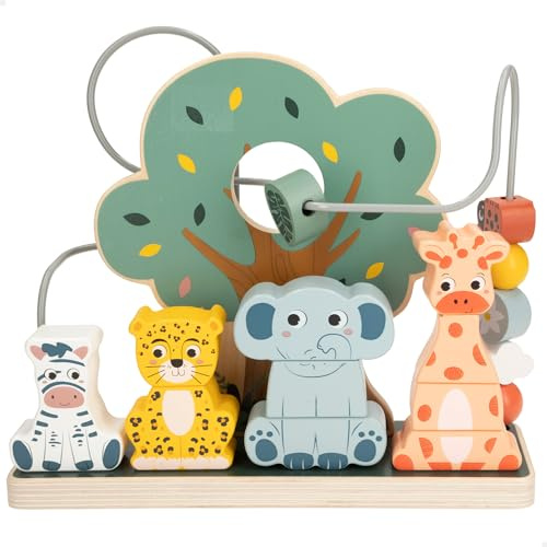 WOOMAX - Laberinto de Madera y apilamiento Animales, Ábaco, Zookabee, Selva, Juguetes niños 2 años, Torre de Aprendizaje, Regalos Originales bebés 1 año, Juego apilar, Motricidad Fina, FSC (47577)