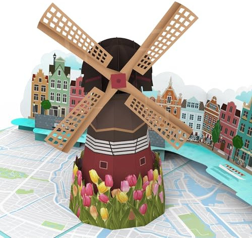 MOKIO® Pop-Up Karte – Windmühle, Tulpen und Grachten in Amsterdam – 3D Geburtstagskarte für einen Holland Urlaub, Amsterdam Grußkarte zum Geburtstag