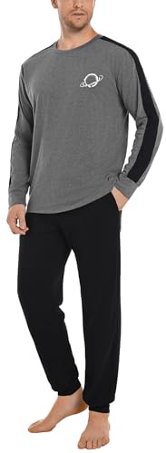Crewhpo Pijama Hombre Invierno Algodón Conjunto de Pijama Manga Larga Ropa de Dormir 2 Piezas con Largo Camiseta y Pantalones de Pijamas