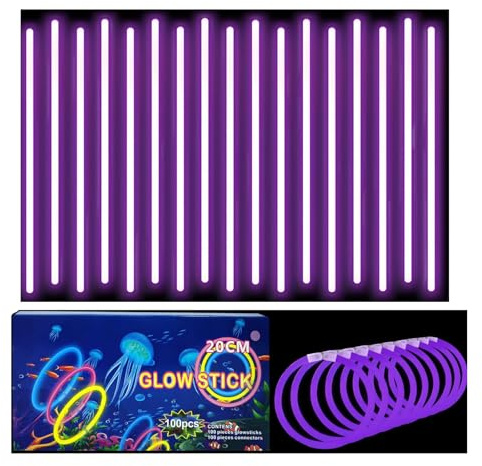 100 Barras Luminosas, Pulseras Fluorescentes y 100 Conectores, Neon Kits para Crear Collares Accesorios, Morado Varillas Brillantes para, Fiesta, Nochevieja, Navidad, Boda, Cumpleaños, Halloween