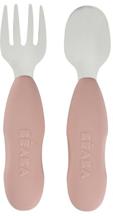 BÉABA, Lot de 2 couverts Inox et Silicone, Couverts Bébé et Enfant, Dès 10 Mois, Forme et Manche Ergonomiques, Apprentissage