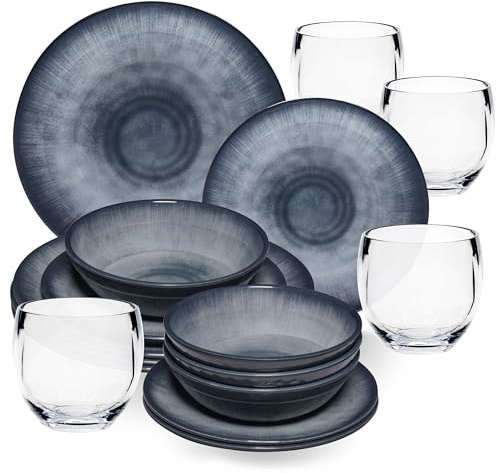 Jesolo Service de table en mélamine pour 4 personnes - 16 pièces - Avec verre transparent de 400 ml - Aspect grès acrylique - Passe au lave-vaisselle - Accessoires de camping - Pour caravane, camping
