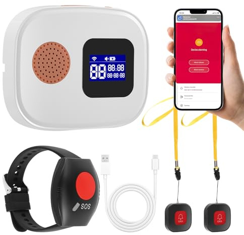 Wireless Personal Alarms for Elderly,SOS Elderly Alarm Call Button, WiFi Wireless Caregiver Pager Call Button, With 1 SOS Receivers, 1 Call Button, 1*Wrist Button, For Patient/Elderly/Home/Disabled