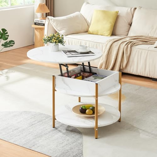 [en.casa] Mesa de Centro Kandas Mesa Baja Redonda con Tablero Elevable con Compartimento Interno y Estante Mueble Auxiliar Mesita para Salón 70 x 49 cm - Efecto mármol Blanco