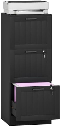 HOMCOM 3 Drawer File Cabinet with Lock, Vertical Filing Cabinet with Adjustable Hanging Bars for A4 and Letter Size File Folders, Printer Stand with Storage, Black