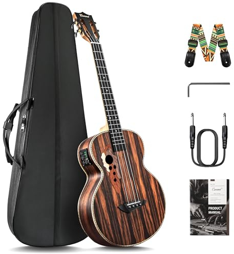 Caramel Ebony Wood Baritone Ukulele 30inch Wood LCD Color Display Electric Ukelele Kit Hawaiian Beginner Guitar Starter Pack Bundle Gig bag, Strap, Strings Set