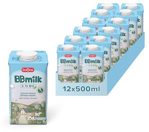 Buona BBmilk 0-12 Liquido, Latte Bio per Neonati 12x500ml, Indicato dalla Nascita fino ai 12 mesi, Qualora l’Allattamento non è Possibile o Sufficiente, Latte per Neonati Liquido Made in Italy