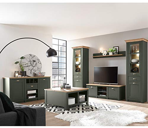 Lomadox Landhaus Wohnwand Komplett Set mit Anrichte & Couchtisch, englisch grün mit Wotan Eiche, mit Beleuchtung