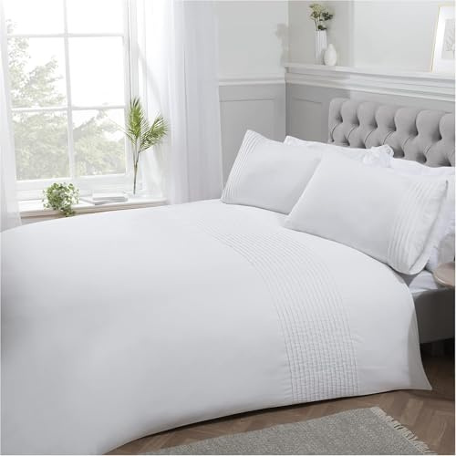 Sleepdown Pintuck Pleated Striped Panel White Luxury Easy Care Soft Cosy Duvet Cover Quilt Bedding Set with Pillowcases - Super King (220cm x 260cm)