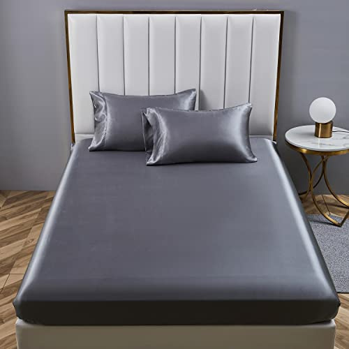 Boqingzhu Satin Spannbettlaken 180x200cm Grau Dunkelgrau Anthrazit Uni Seide Spannbetttuch Microfaser Bettlaken für bis 30cm Matraze