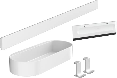hansgrohe WallStoris - Duschset, Zubehör Set für die Dusche ohne bohren, Badezimmer Set 4-teilig, Wandstange, Ablagekorb, Duschabzieher, Handtuchhaken, Badezimmer Zubehör, Mattweiß, 27967700
