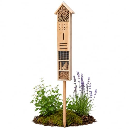 Large Wooden Insect Hotel with Ground Stake 80cm – Outdoor Bee House, Bug Hotel, Ladybird Home, Butterfly Shelter & Wildlife Habitat for Garden Pollinators