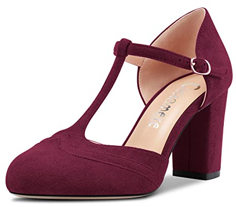 Castamere Women Chunky Block High Heel Round Toe Pumps Court Shoe T-Strap Buckle Wedding Office 8.5 CM Heels Burgundy Wine Red 5.5 UK