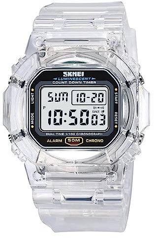 Gosasa Outdoor Sport Unisex Watches Back Light Digital Watches Transparent Multifunctional Wristwatch Casual Style Stopwatch Date 5Bar Waterproof (White)