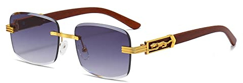 LJCZKA Occhiali da Sole Rettangolari Senza montatura Donna Uomo, occhiali da Sole Metallo Piccoli Uomo Occhiali Lente Trasparenti in Legno Protezione UV400