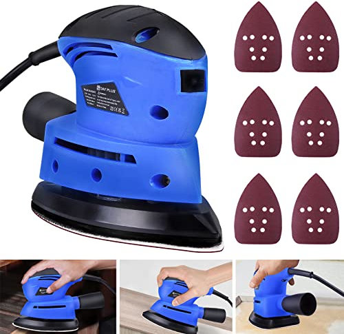 130W Corded Electric Detail Mouse Sander, 12000RPM Palm Random Orbital Sander for Wood with Dust Extraction, Compact Furniture Finishing DIY Power Tool Hand Sander with 6 Sanding Sheets