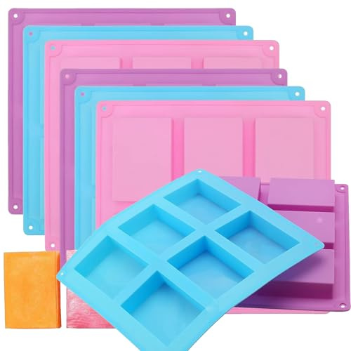 ZOENHOU Set di 6 stampi per sapone in silicone, 6 cavità rettangolari, stampi per sapone per fare il sapone pagnotta fai da te artigianato fatto a mano, blu, rosa, viola