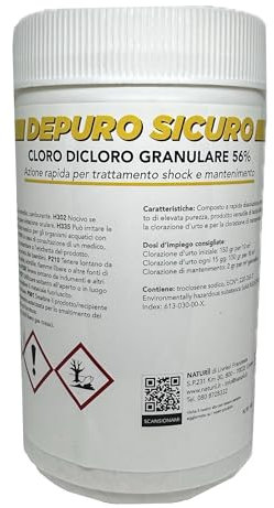 DEPURO SICURO Cloro Dicloro Granulare al 56%,Azione Rapida per Trattamento shock e mantenimento, Alta solubilità, stabile, 1 Kg (1)
