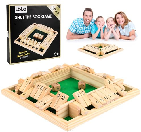4 Player Shut the Box | Wooden Board Game with Dice | Shut the Box Math Skills Educational Montessori Toy for Kids Age 3 4 5 6 + Educational Dice Games for Adults Traditional Pub Games