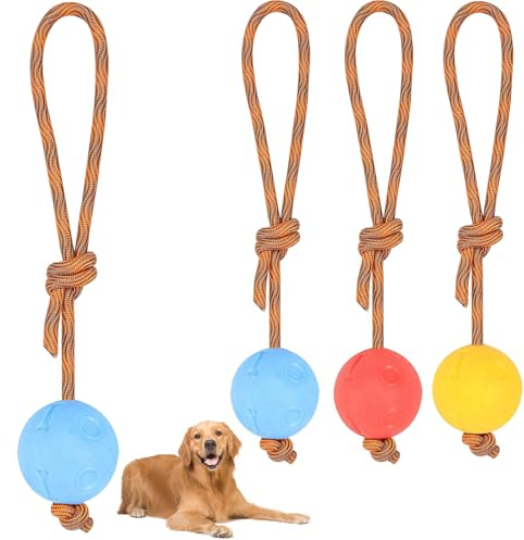 4 Stück Ball mit Schnur Hund, ø 5/30 cm Wurfball am Seil Naturkautschuk, Hundespielzeug Ball mit Seil extrem Weite Würfe, Hundeball Snackball, Hundebälle Kleine Hunde, Große Hunde (Rot Gelb Blau)