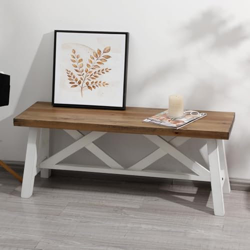 Wnutrees 43 Farmhouse Wood Bench, Rustic Solid Wood Entryway Bench Seat with Double X-Structure for Dining Room, Living Room, Hallway, Structural Stability, White