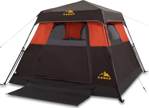 Toogh 3/4 Person Camping Tent with 1 Door, 4 Windows, and Upgraded Ventilation– Instant Setup, Waterproof, 8'x 8'x 67''Oxford Fabric Floor Pop Up in 60 Seconds Includes Rainfly and Backpack