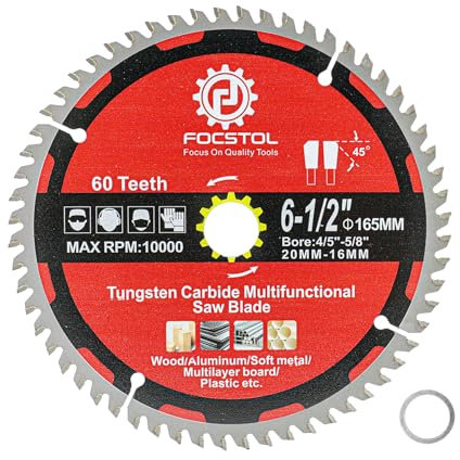 FOCSTOL Lama Sega Circolare per Legno 165mm x 20/16mm - Disco in Legno a 60 Denti per Taglio Plastica Alluminio Rame