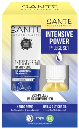 SANTE Naturkosmetik Intensive Repair - Kit de cuidado de manos con manteca de karité y aceite de macadamia + aceite de uñas para uñas y cutículas con 7 aceites orgánicos, cuidado intensivo para manos