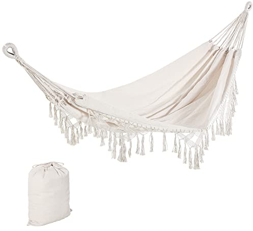 Outsunny Amaca da Giardino Sospesa 288x150 cm, Capacità 120 kg, Amaca Campeggio in Tela con Frange Stile Boho, con Borsa da Trasporto, per Campeggio, Giardino, Balcone, Patio e Spiaggia, Crema