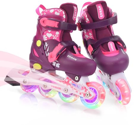 ERNAN Inline Skates,Adjustable Light up Kids Inline Skates, for Boys and Girls,Roller skate for Kids Youth, Beginner (Red, S)