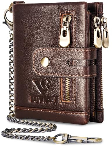 V LUVIAS Anti-Theft Mens Wallet with Chain Genuine Leather ID Window Purse with RFID Blocking Bifold Double Zipper Biker Wallet With Gift Box