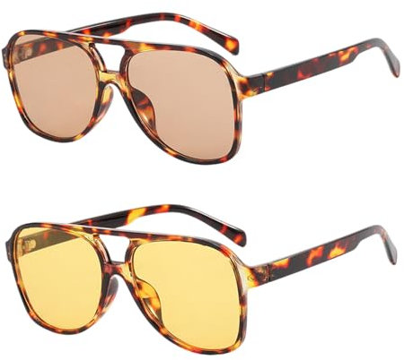 TUONYIS 2 Stücke Retro Sonnenbrille für Damen Herren, 70er Jahre Vintage Nachtsicht Rechteckige Sonnenbrille Quadratische Doppelsteg Schutzbrille zum Autofahren (Leopard gelb, Leopard Tee)