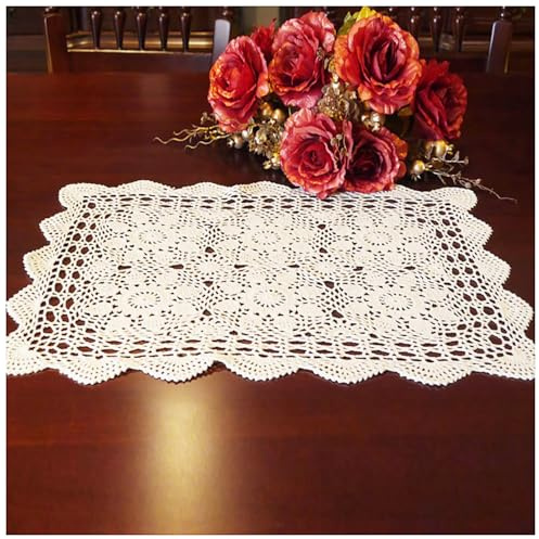 Mantel Individual Rectangular de Ganchillo Hecho a Mano, Tapete Mesa de Algodón para Fundas de Sofá y Decoración del Hogar(White,50x70cm(20x28in))